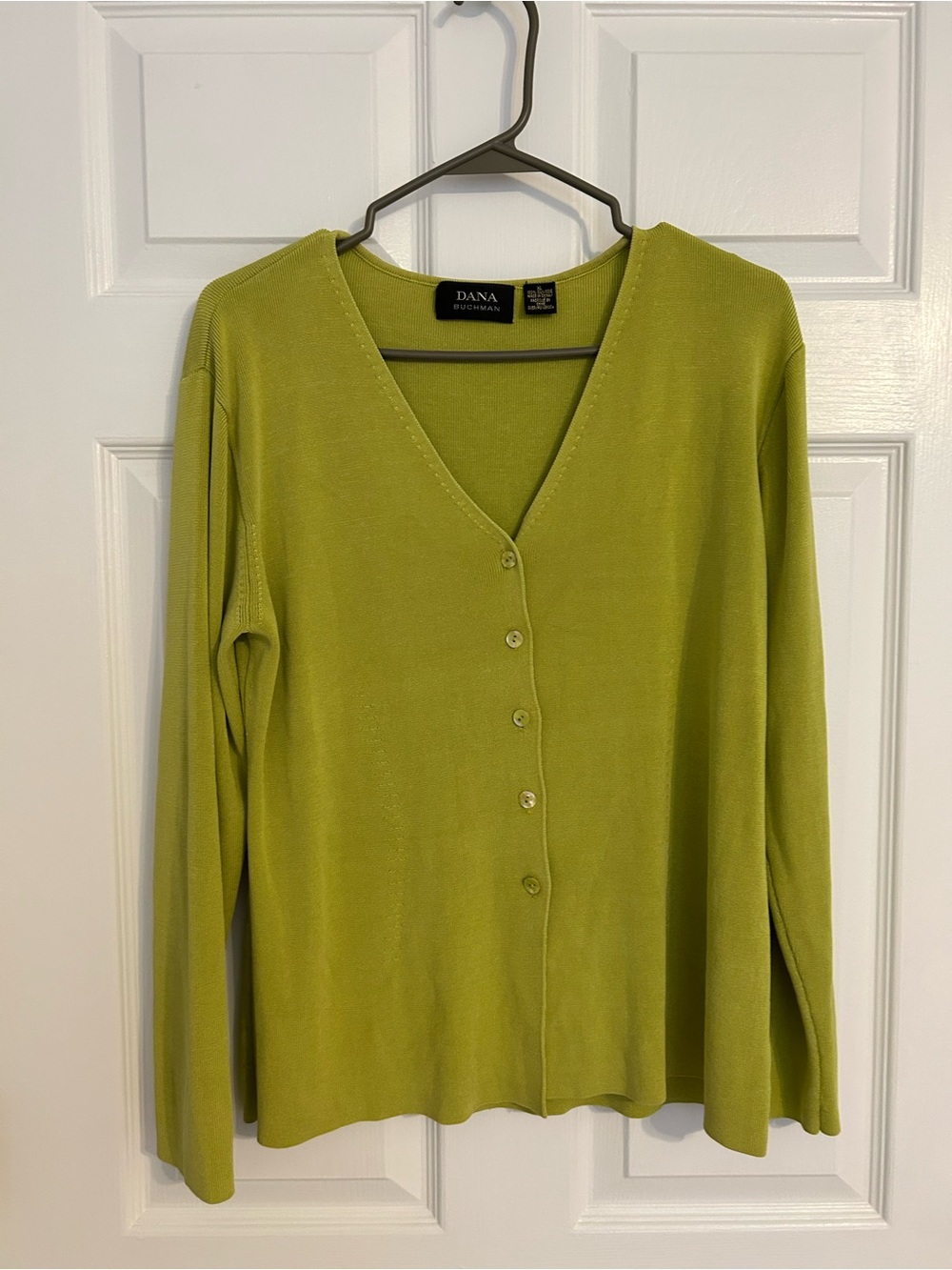 Dana Buchman Chartreuse Silk V-Neck Button Front Cardigan